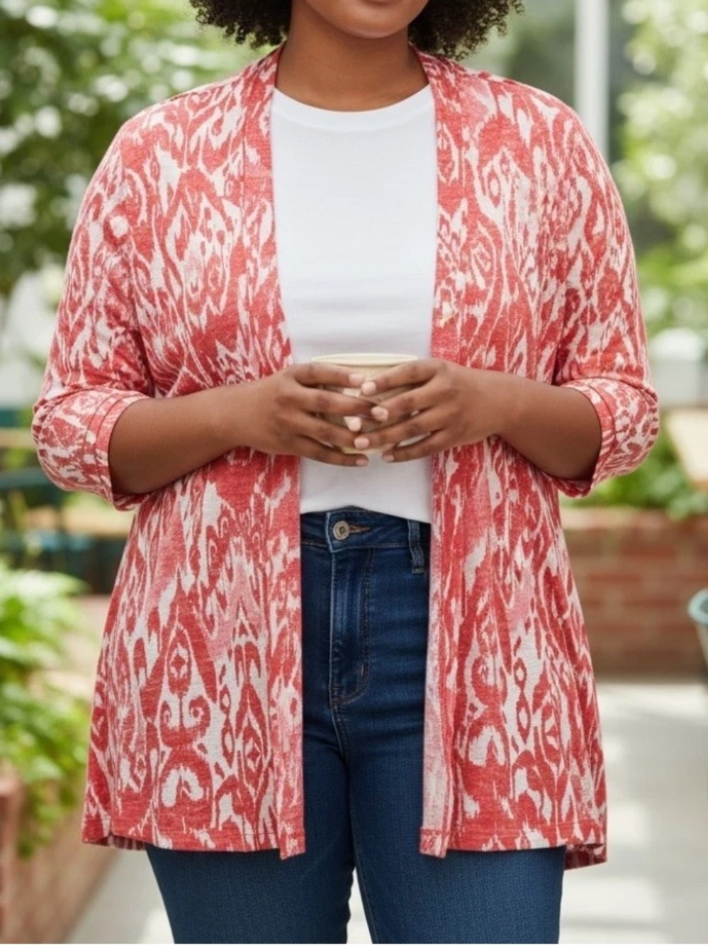 Chico's 4 Linen Open Front Cardigan Red White Ikat Print Women's XXL